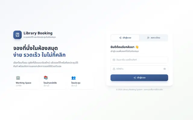 หน้าตาของ ระบบจองโต๊ะและห้องประชุมในห้องสมุด